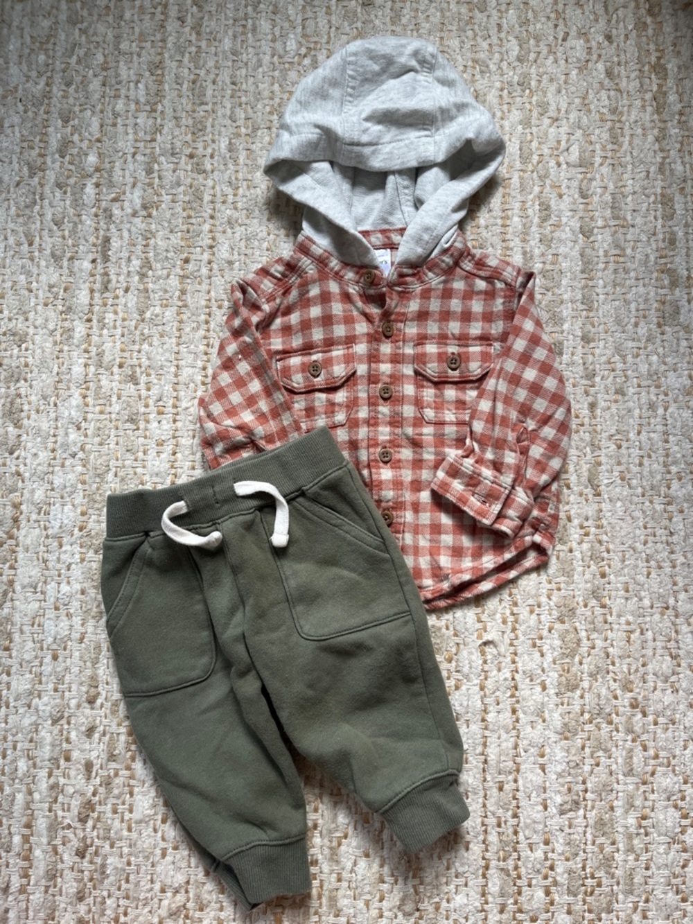 Baby Hooded Flannel Button-Up with Olive Joggers